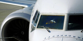 Airplane cockpit and engine close up view