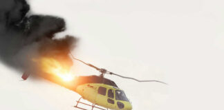 Helicopter on fire with smoke in the sky